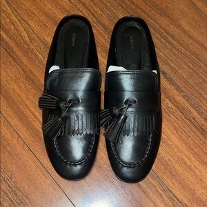 Anthropologie Black Leather Fringe Loafers